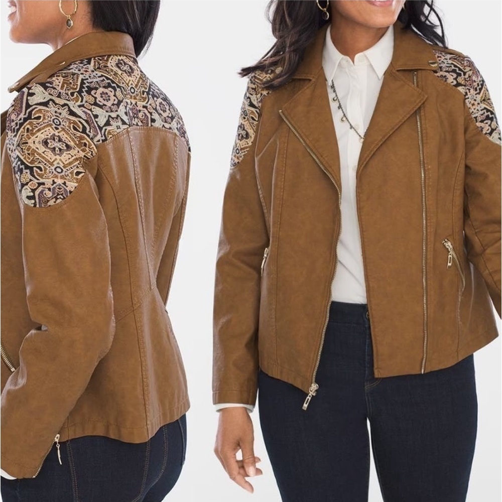 Chico’s Faux-Leather Jacquard Moto Jacket bohemian western rodeo size small - Picture 2 of 13